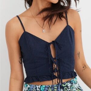 Aerie Tie-Front Woven Lace Up Crop Top in Black